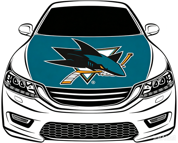 San Jose Sharks Car Hood Cover Flag ,NHL San Jose Sharks Engine Banner,4X5ft/6X7FT,100% Polyester Elastic Fabrics Can be Washed