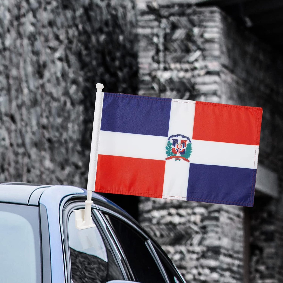Dominican flag Car Window Flag of Dominican Republic 11X18 Inch(28x46cm) 100% Polyester, Strong White Flagpole