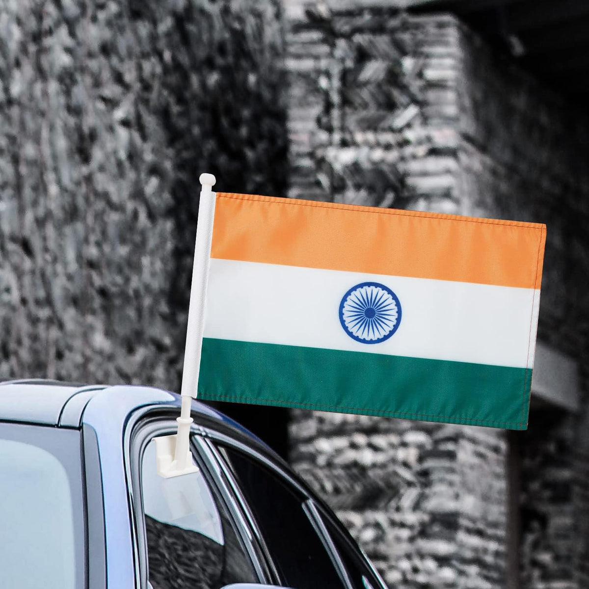 Indian Flag Car Window Flag of India 11X18 Inch(28x46cm) 100% Polyester, Strong White Flagpole