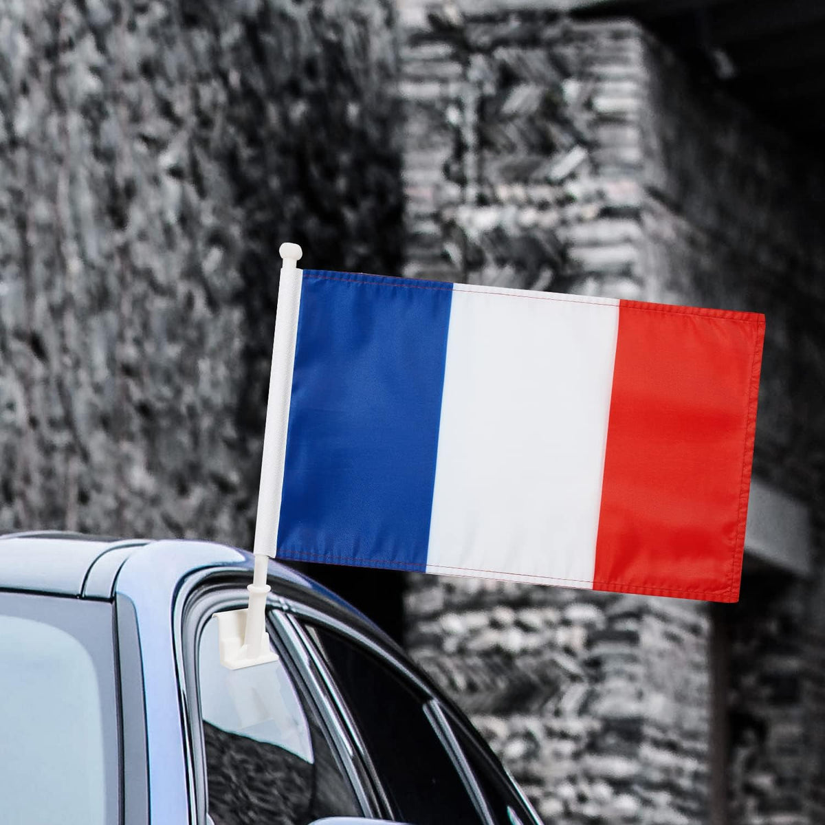 French Flag Car Window Flag of France 11X18 Inch(28x46cm) 100% Polyester, Strong White Flagpole
