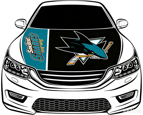 San Jose Sharks Car Hood Cover Flag ,NHL San Jose Sharks Engine Banner,4X5ft/6X7FT,100% Polyester Elastic Fabrics Can be Washed