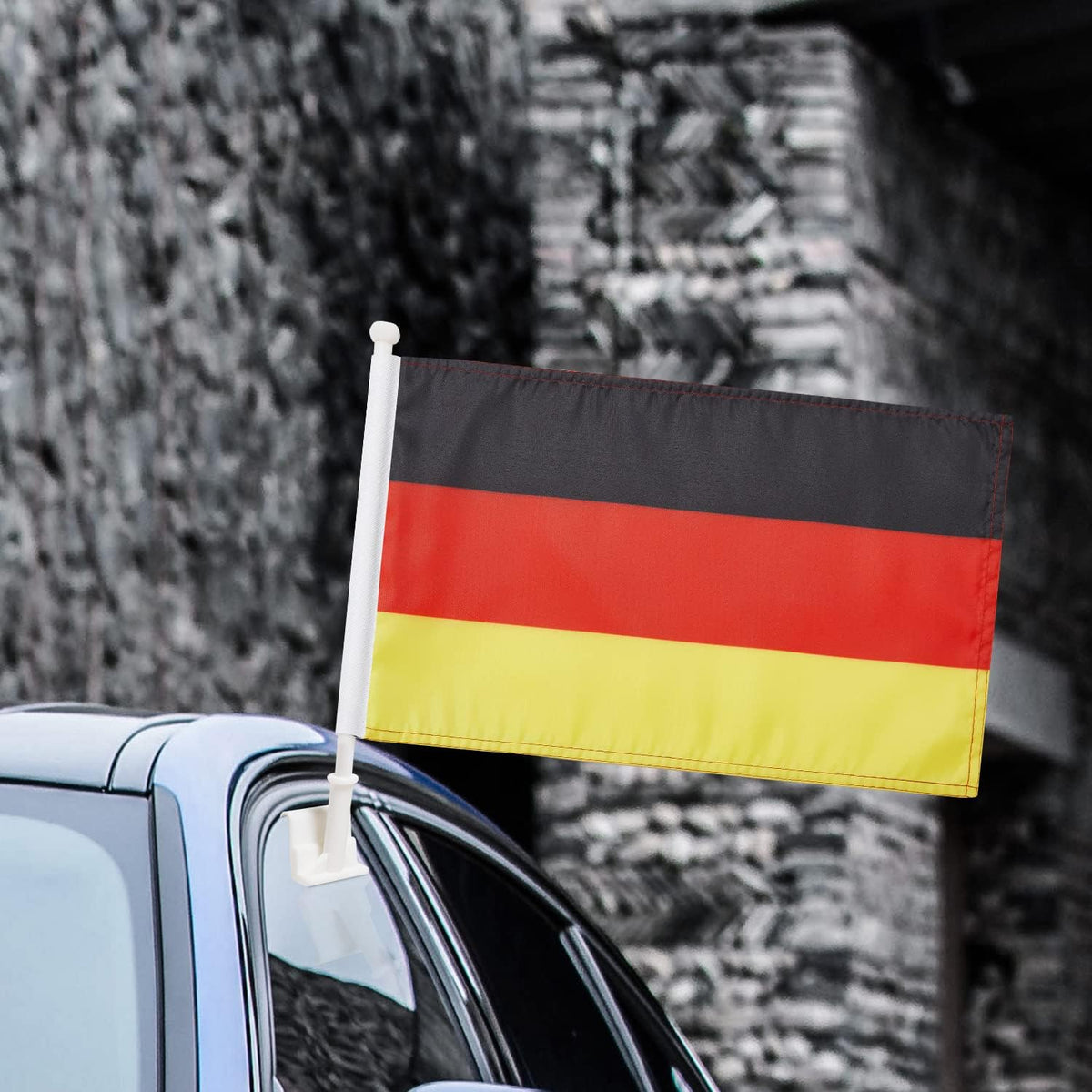 German Flag Car Window Flag of Germany 11X18 Inch(28x46cm) 100% Polyester, Strong White Flagpole