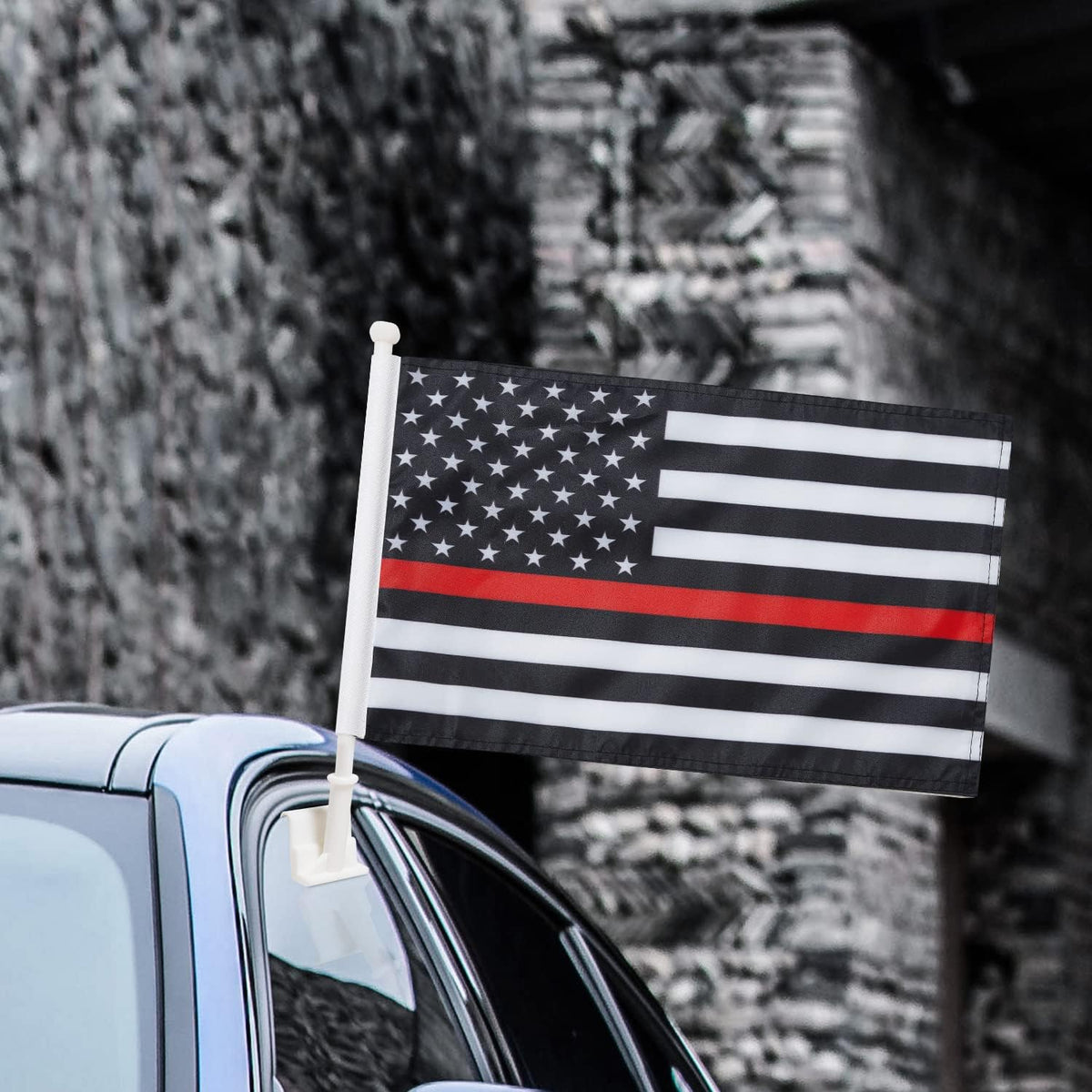 Thin Red Line flag Car Window Flag of US Police 11X18 Inch(28x46cm) 100% Polyester, Strong White Flagpole