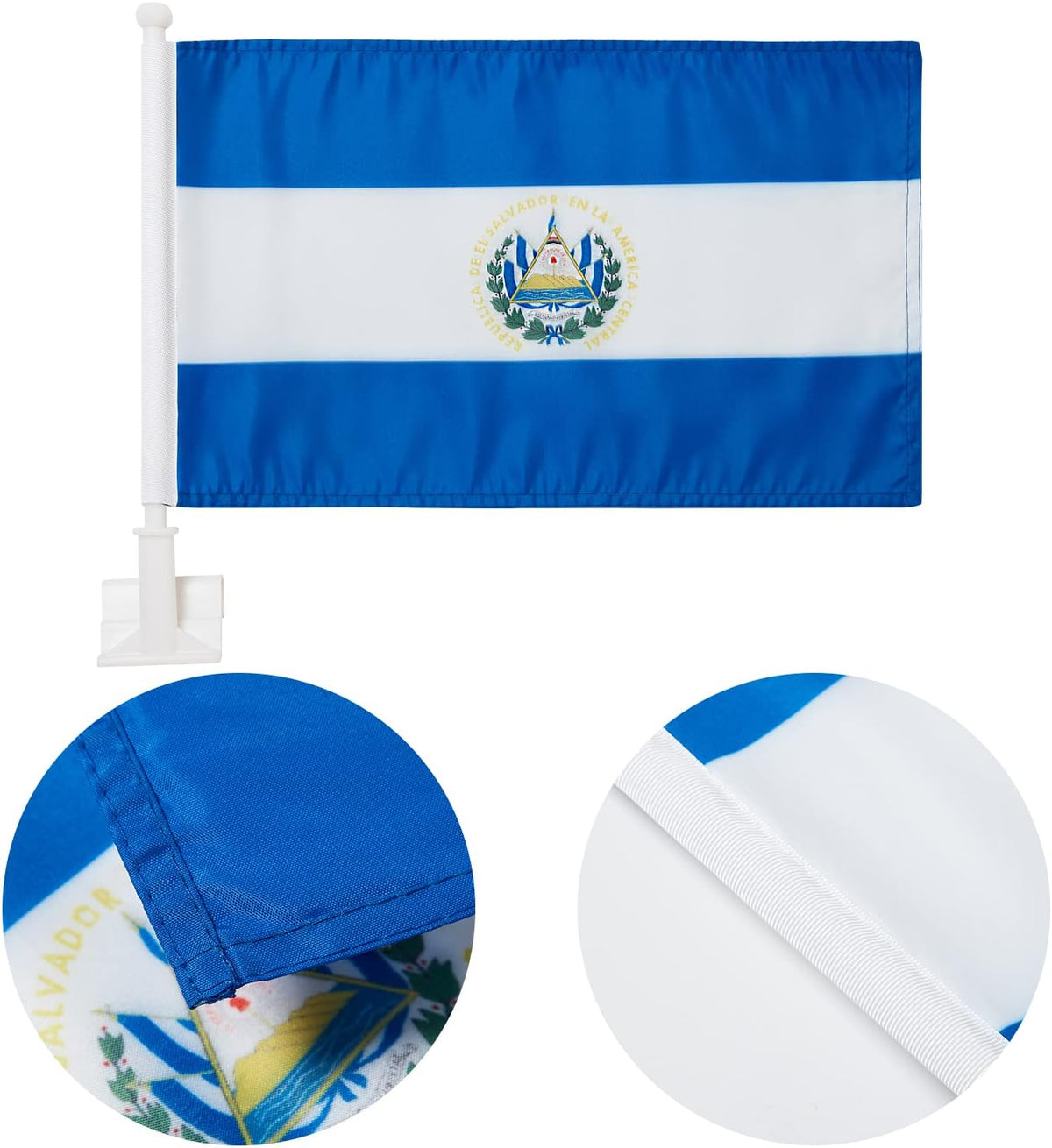 Car Window Flag of El Salvador 11X18 Inch(28x46cm) 100% Polyester, Strong White Flagpole