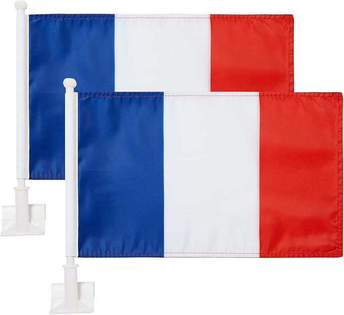 French Flag Car Window Flag of France 11X18 Inch(28x46cm) 100% Polyester, Strong White Flagpole