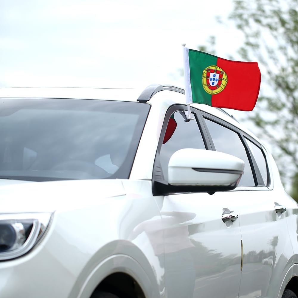 Car Window Flag of Portugal 11X18 Inch(28x46cm) 100% Polyester, Strong White Flagpole