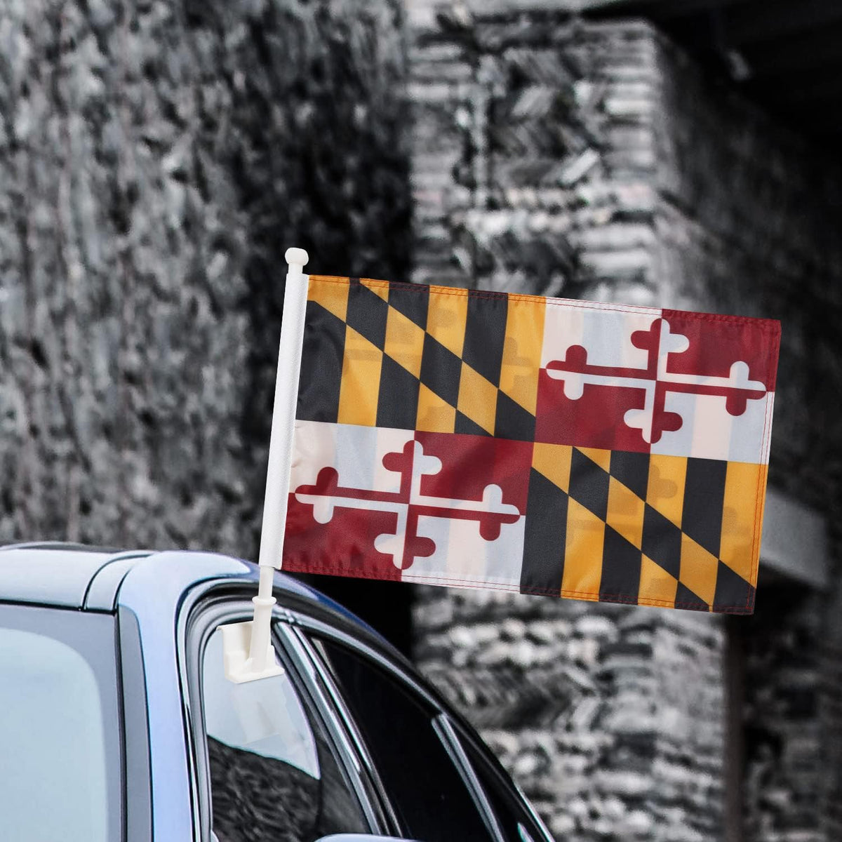 Maryland State Flag Car Window Flag of Maryland 11X18 Inch(28x46cm) 100% Polyester, Strong White Flagpole