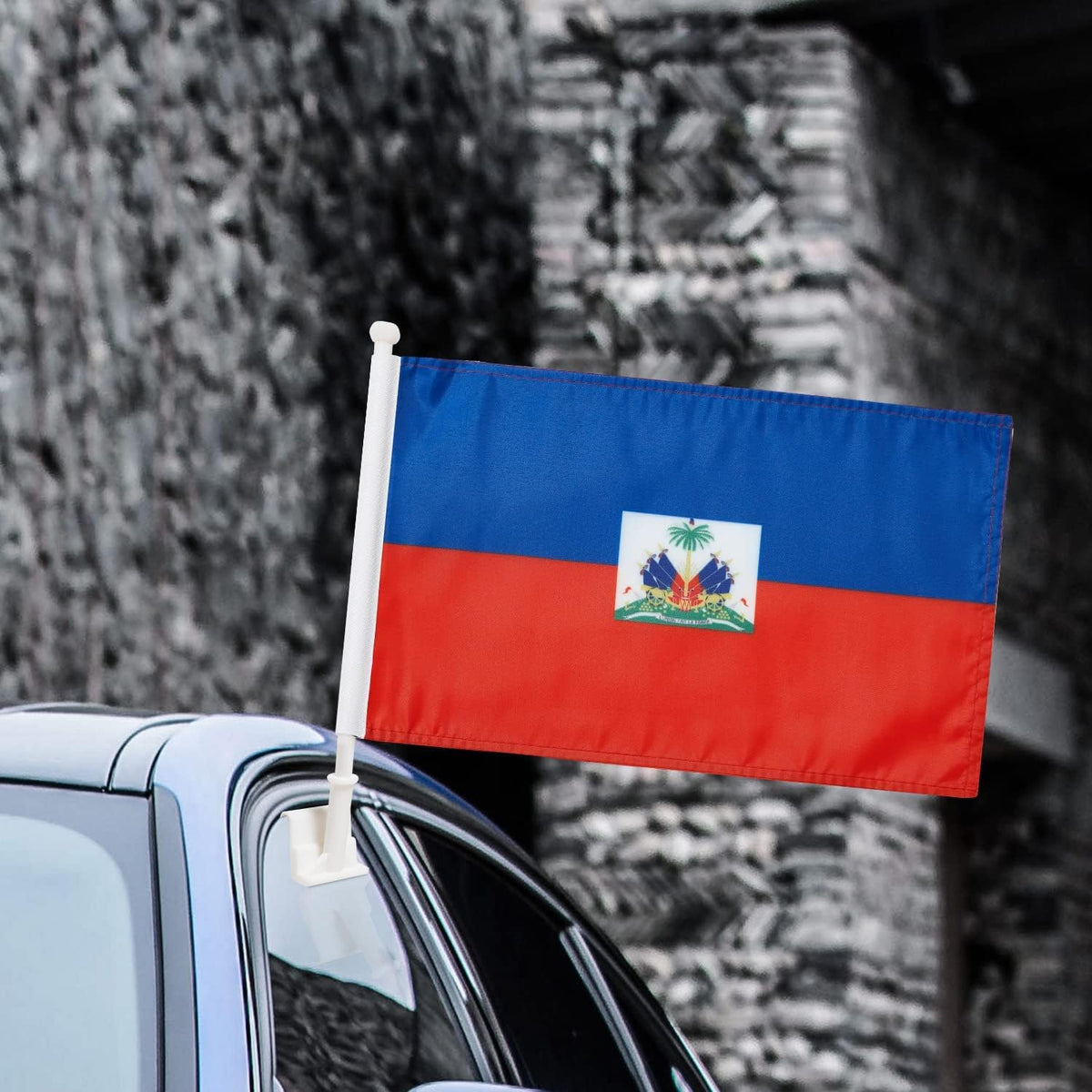 Haitian flag Car Window Flag of Haiti 11X18 Inch(28x46cm) 100% Polyester, Strong White Flagpole