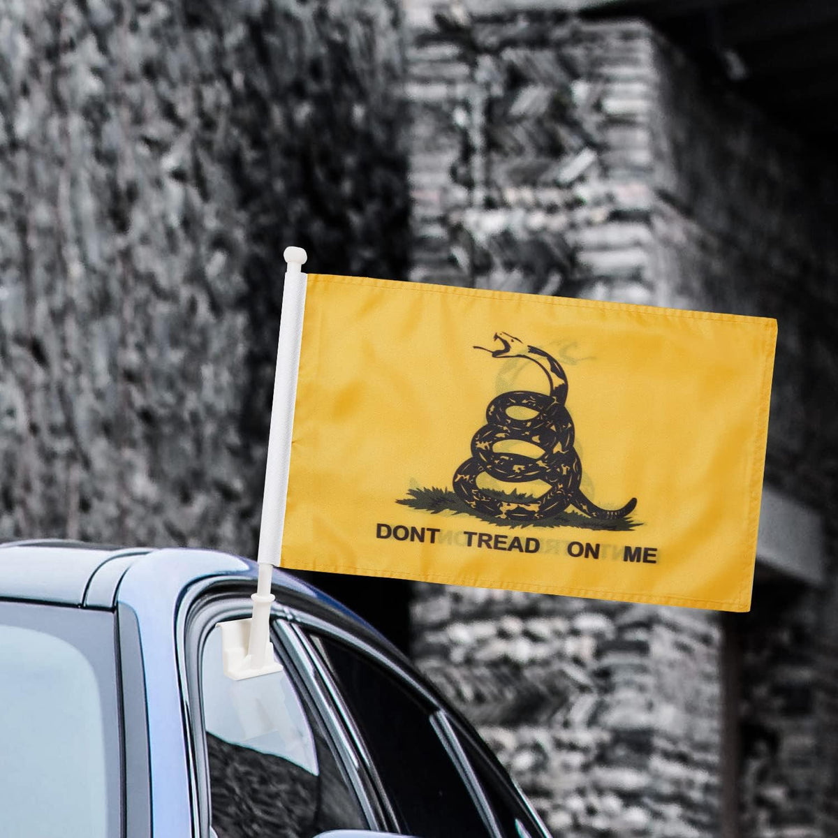 Dont Tread On Me Flag Car Window Flag Tea Party Flag 11X18Inch(28x46cm) 100% Polyester, Strong White Flagpole
