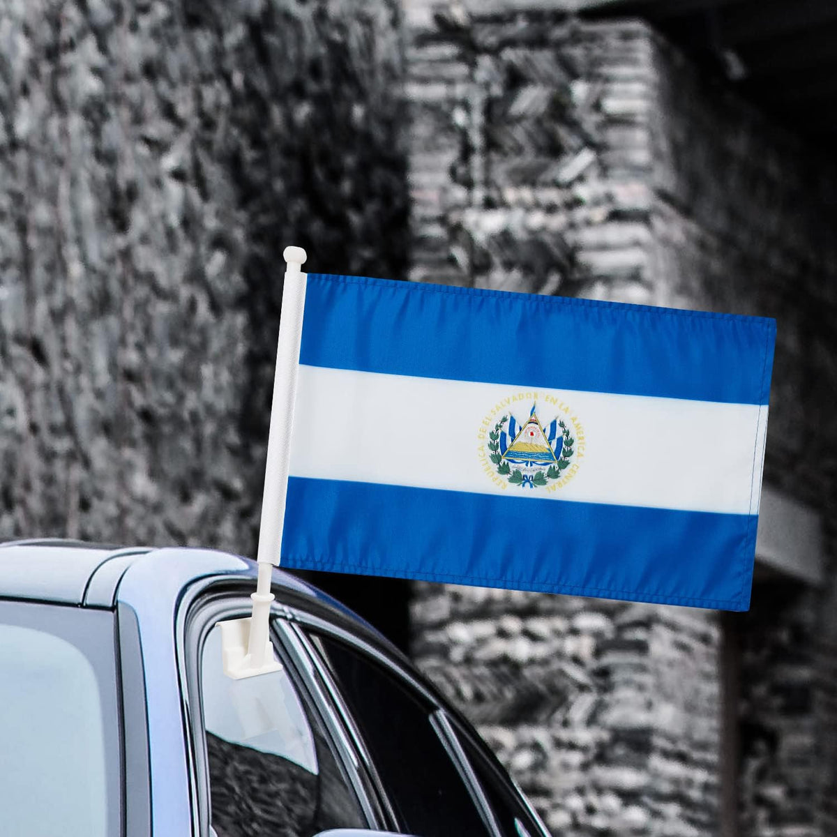 Car Window Flag of El Salvador 11X18 Inch(28x46cm) 100% Polyester, Strong White Flagpole
