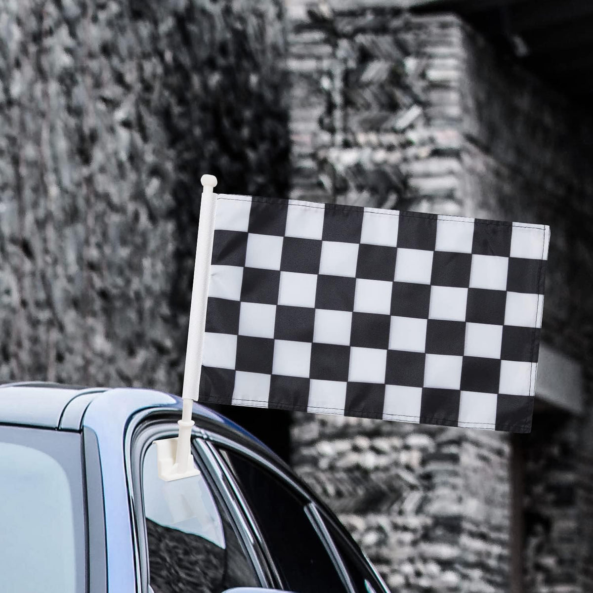 Black & White Checkered Flag Car Window Flag Racing Flag 11X18 Inch(28x46cm) 100% Polyester, Strong White Flagpole