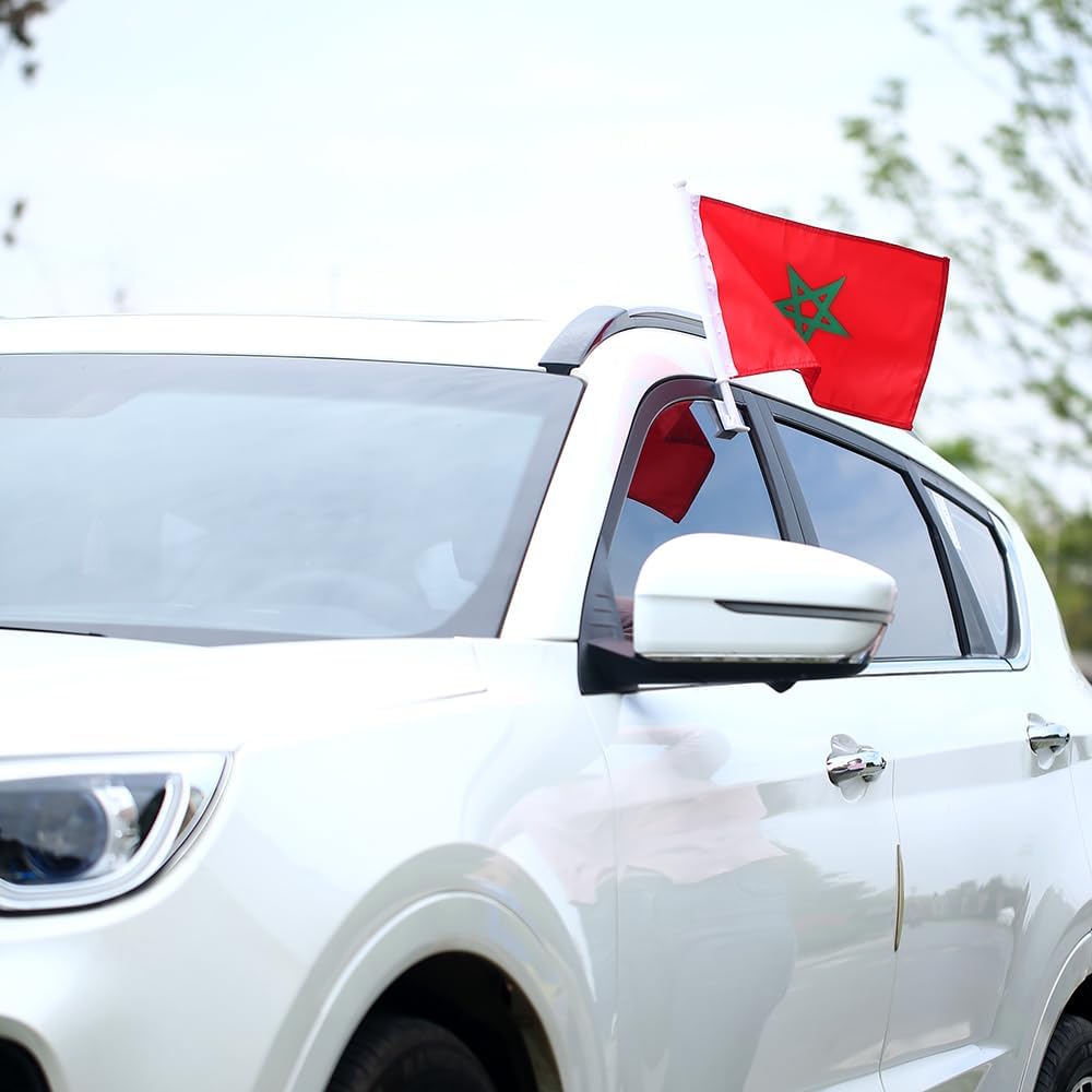 Moroccan flag Car Window Flag of Morocco 11X18 Inch(28x46cm) 100% Polyester, Strong White Flagpole
