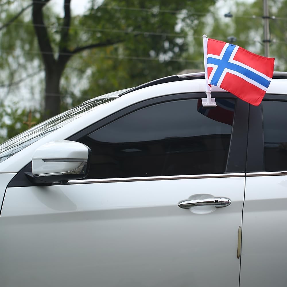 Norwegian flag Car Window Flag of Norway 11X18 Inch(28x46cm) 100% Polyester, Strong White Flagpole