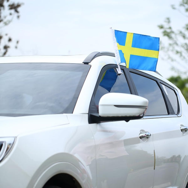 Swedish Flag Car Window Flag of Sweden 11X18 Inch(28x46cm) 100% Polyester, Strong White Flagpole