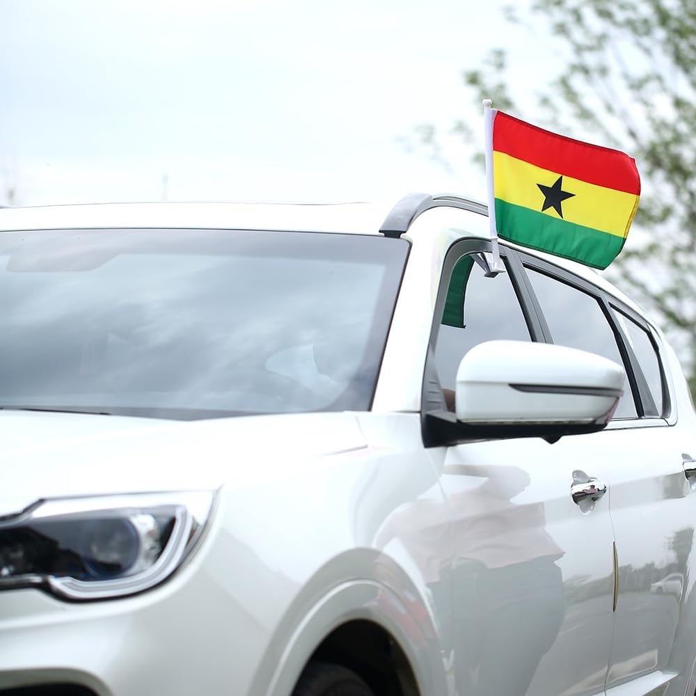Flag of Ghana Car Window Flag of Ghana With Strong White Flagpole 11X18 Inch(28x46cm) 100% Polyester,