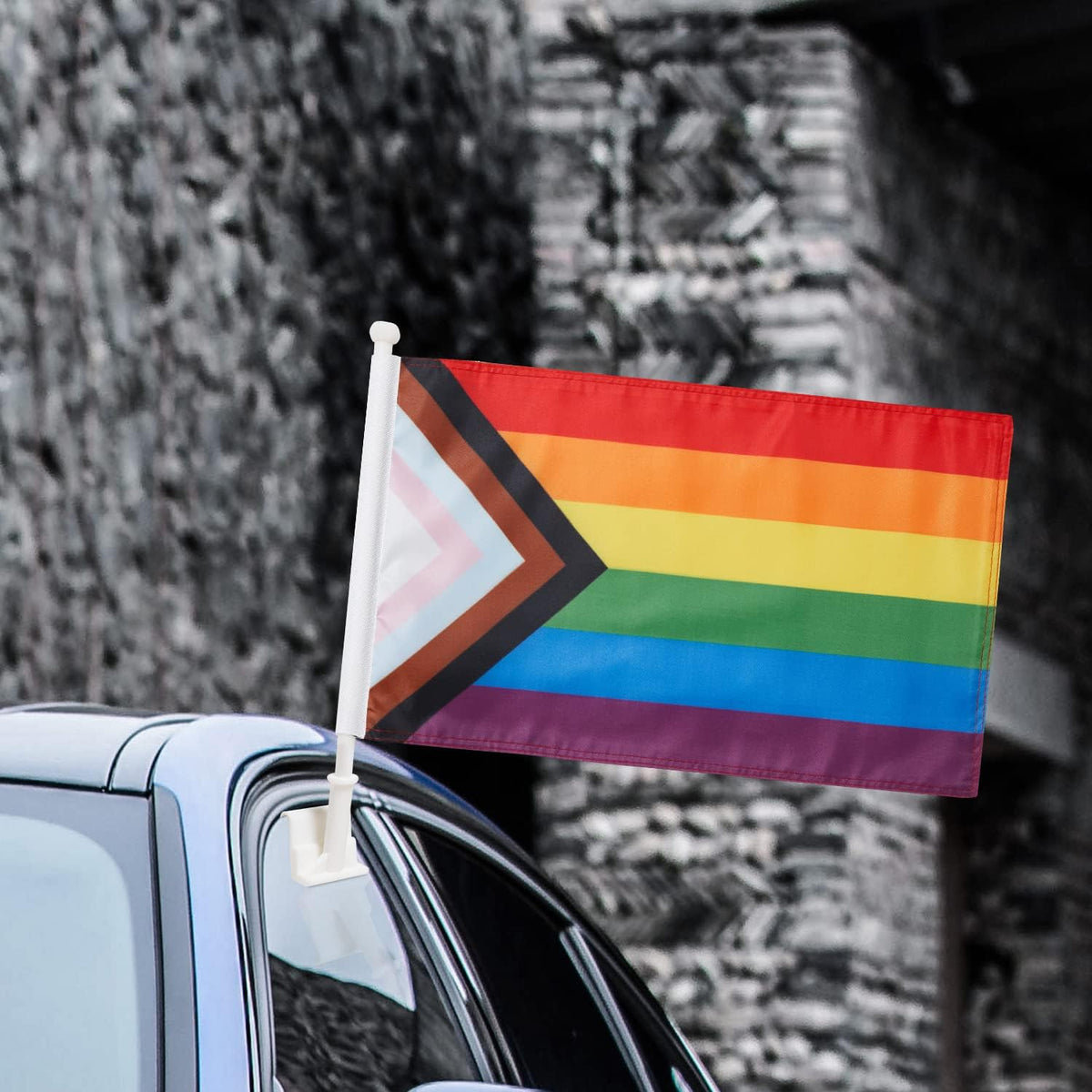 US Rainbow Flag Car Window Flag of Rainbow 11X18 Inch(28x46cm) 100% Polyester, Strong White Flagpole