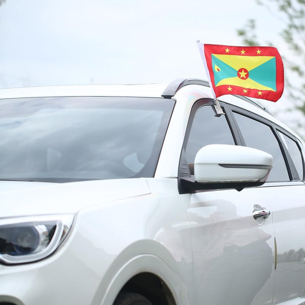 Grenada Flag Car Window Flag of Grenada 11X18 Inch(28x46cm) 100% Polyester, Strong White Flagpole
