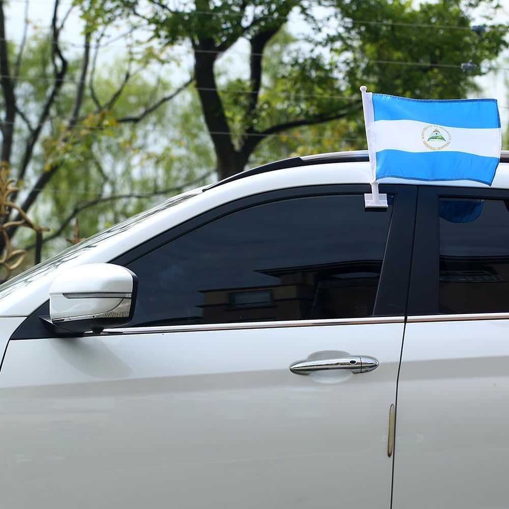 Car Window Flag of Nicaragua 11X18 Inch(28x46cm) 100% Polyester, Strong White Flagpole
