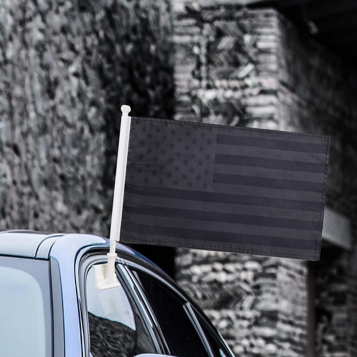 US Black flag Car Window Flag of American 11X18 Inch(28x46cm) 100% Polyester, Strong White Flagpole