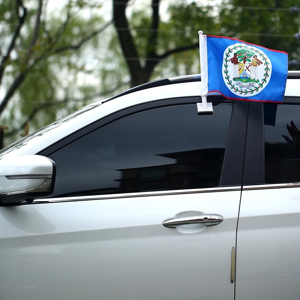 Car Window Flag of Belize 11X18 Inch(28x46cm) 100% Polyester, Strong White Flagpole