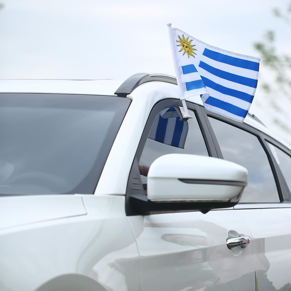 Uruguayan Flag Car Window Flag of Uruguay 11X18 Inch(28x46cm) 100% Polyester, Strong White Flagpole