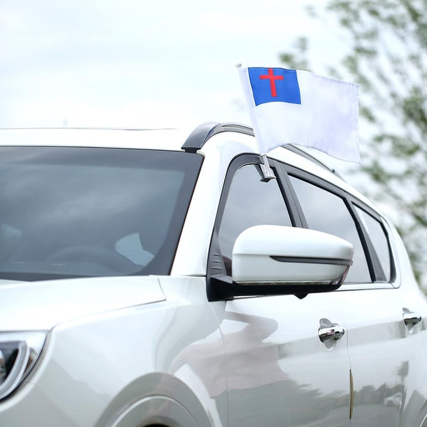 Christian Flag Car Window Flag of Christian Patriotic, National Day, Olympic Games, 11X18 Inch(28x46cm) 100% Polyester, Strong White Flagpole