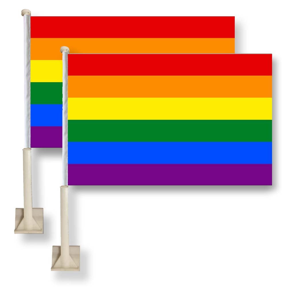 US Rainbow Flag Car Window Flag of Rainbow 11X18 Inch(28x46cm) 100% Polyester, Strong White Flagpole