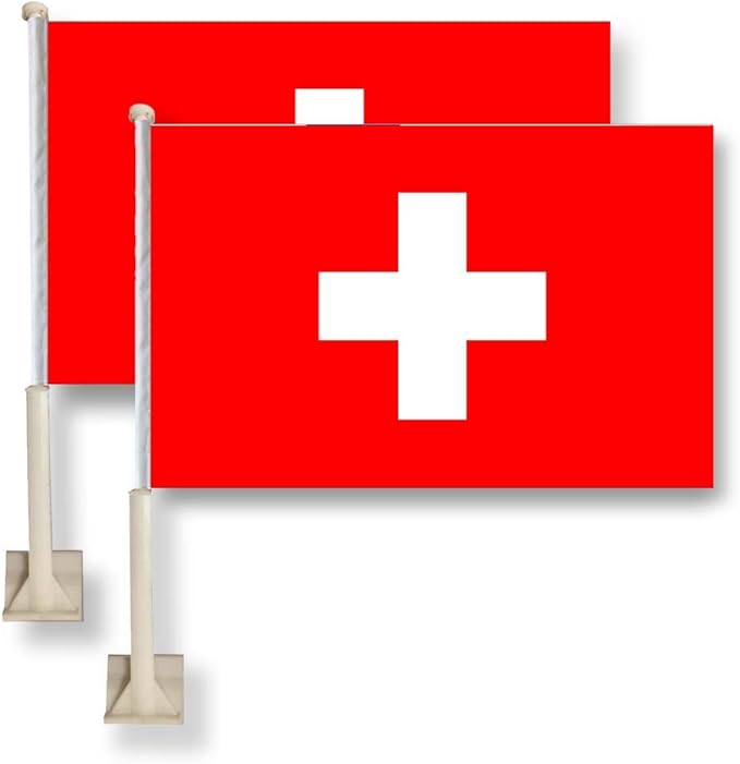 Swiss Flag Schweizerfahne Car Window Flag 11X18 Inch(28x46cm) 100% Polyester, Strong White Flagpole