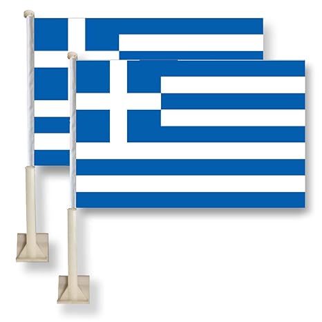 Greece Car Window Flag 11X16Inch(28x40cm) 100% Polyester, Strong White Flagpole