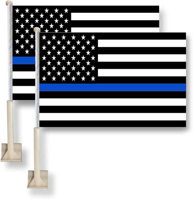 Thin Blue Line Flag Car Window Flag of American Police 11X18 Inch(28x46cm) 100% Polyester, Strong White Flagpole