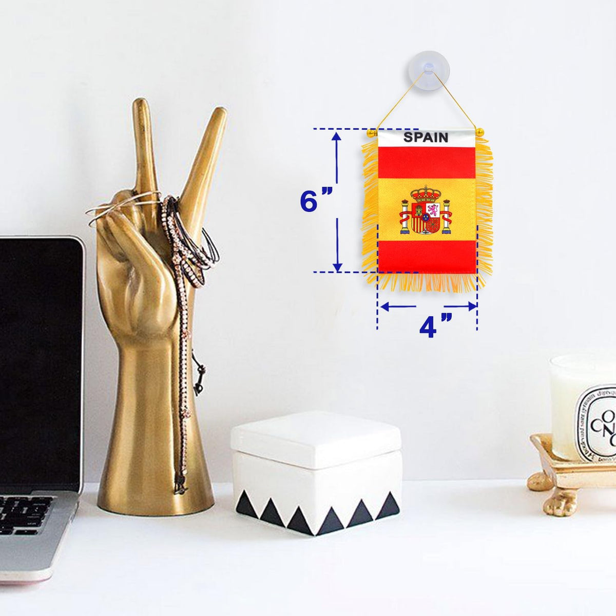 2 Pack-Spain Fringy Window Hanging Flag -4''x6'' Small Mini Spanish Flag Banner for Car Rearview Mirror Décor - Fringed -Spanish Hanging Flag with Suction Cup & Fringy-4x6 ''