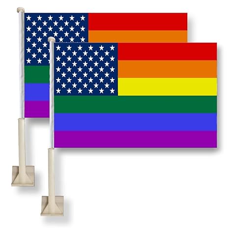 US Rainbow Flag Car Window Flag of Rainbow 11X18 Inch(28x46cm) 100% Polyester, Strong White Flagpole