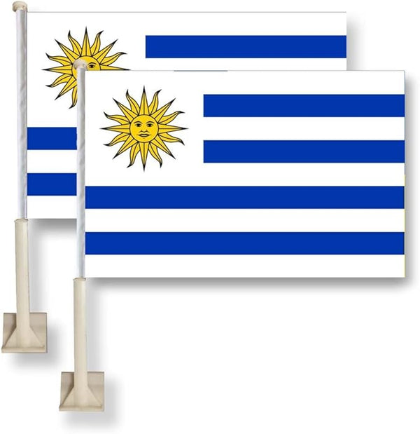 Uruguay Car Window Flag 11X16Inch(28x40cm) 100% Polyester, Strong White Flagpole