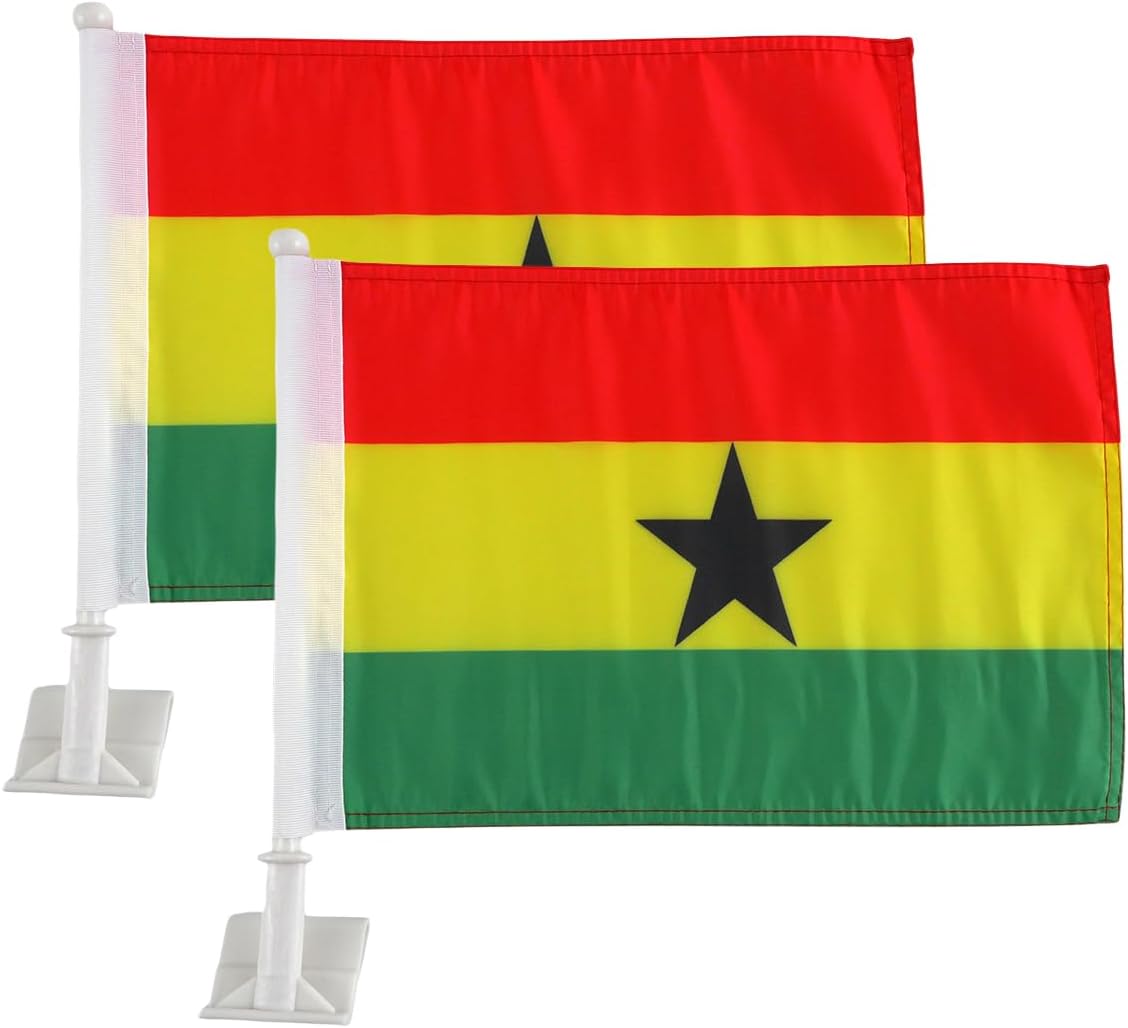 Flag of Ghana Car Window Flag of Ghana With Strong White Flagpole 11X18 Inch(28x46cm) 100% Polyester,