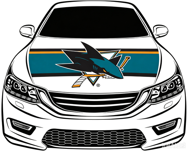 San Jose Sharks Car Hood Cover Flag ,NHL San Jose Sharks Engine Banner,4X5ft/6X7FT,100% Polyester Elastic Fabrics Can be Washed