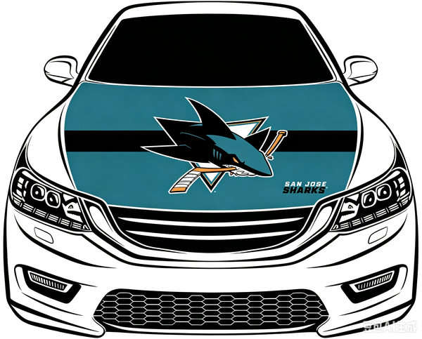 San Jose Sharks Car Hood Cover Flag ,NHL San Jose Sharks Engine Banner,4X5ft/6X7FT,100% Polyester Elastic Fabrics Can be Washed