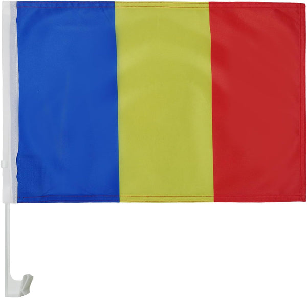 Car Window Flag of Romania 11X18 Inch(28x46cm) 100% Polyester, Strong White Flagpole