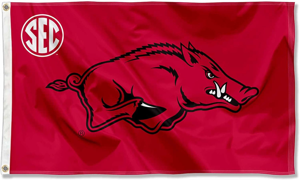 Arkansas Razorbacks Flag- 3x5 ft U of A Hogs Wooo Pig Sooie Banners-NCAA University of Arkansas UA Flag-100% Polyester- One sided / Double sided