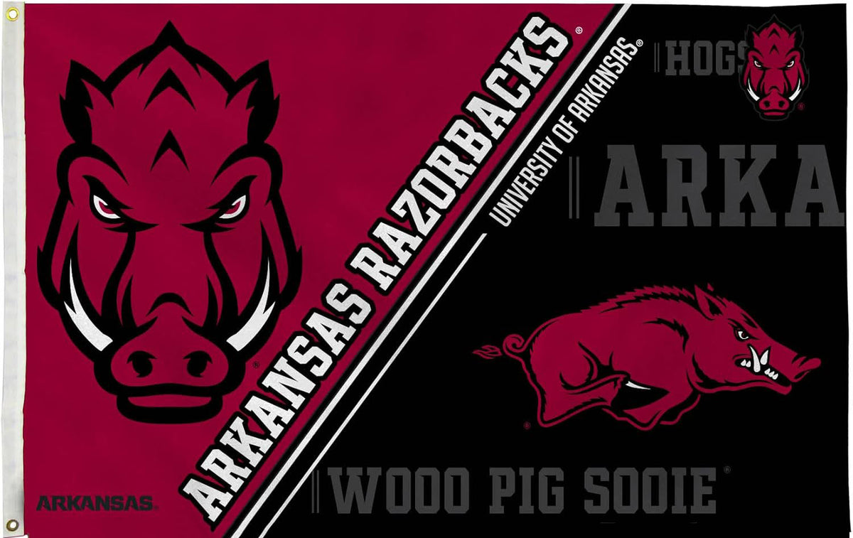 Arkansas Razorbacks Flag- 3x5 ft U of A Hogs Wooo Pig Sooie Banners-NCAA University of Arkansas UA Flag-100% Polyester- One sided / Double sided
