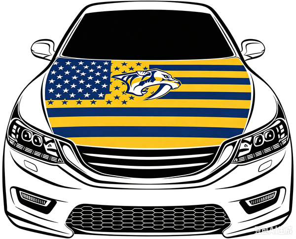 Nashville Predators Car Hood Cover Flag ,NHL Nashville Predators Engine Banner,4X5ft/6X7FT,100% Polyester Elastic Fabrics Can be Washed