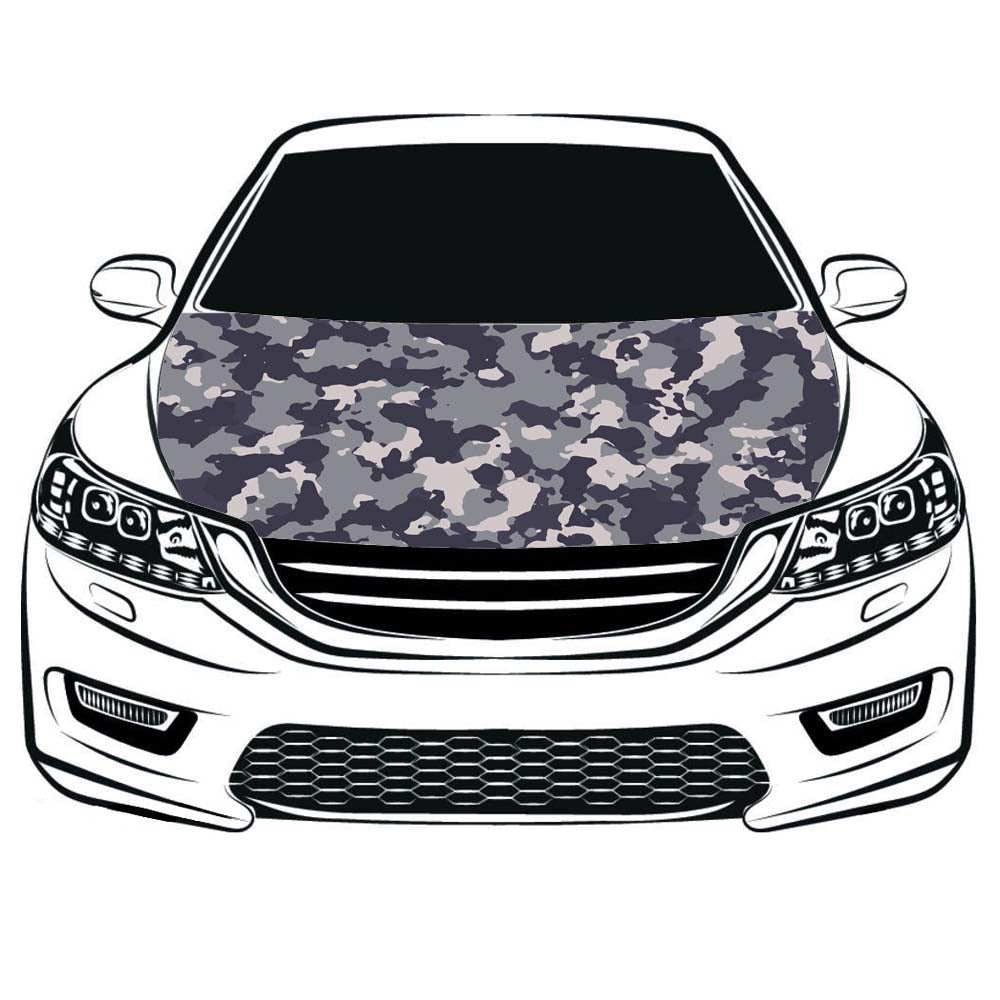 Camouflage Car Hood Cover Flag ,Camouflage grey Engine Banner,3.3X5ft/6X7FT,100% Polyester Elastic Fabrics Can be Washed