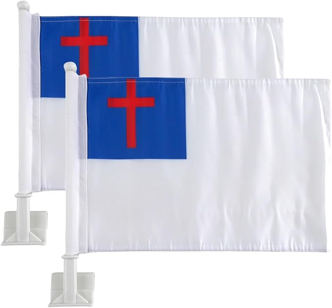 Christian Flag Car Window Flag of Christian Patriotic, National Day, Olympic Games, 11X18 Inch(28x46cm) 100% Polyester, Strong White Flagpole