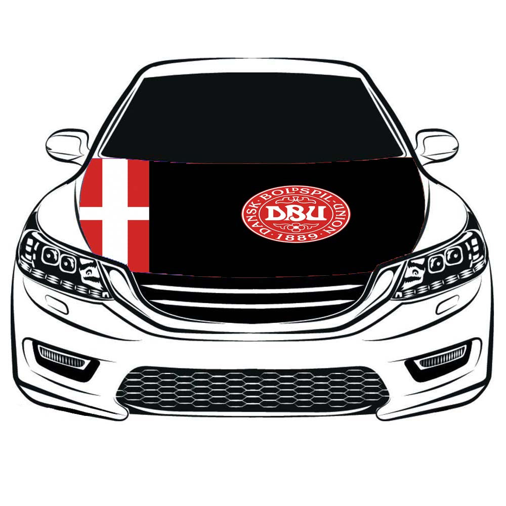 Denmark National Team Car Hood Cover Flag ,DANSK BOLDSPIL UNION Engine Banner,3.3X5ft/6X7FT,100% Polyester Elastic Fabrics Can be Washed