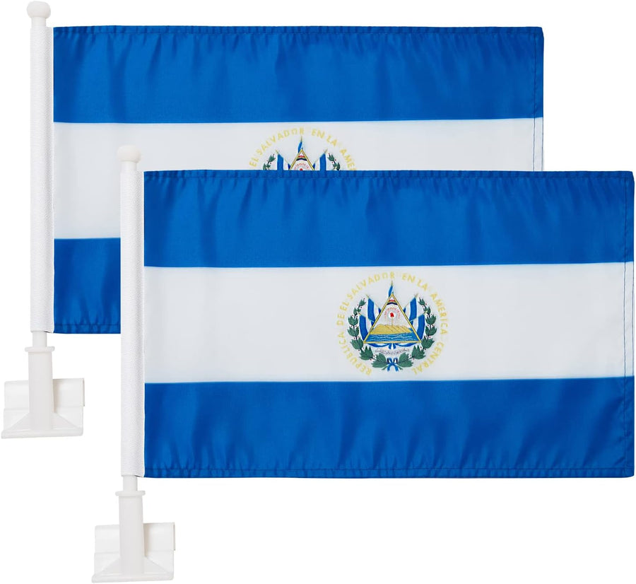 Car Window Flag of El Salvador 11X18 Inch(28x46cm) 100% Polyester, Strong White Flagpole