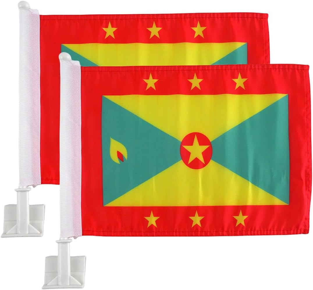 Grenada Flag Car Window Flag of Grenada 11X18 Inch(28x46cm) 100% Polyester, Strong White Flagpole