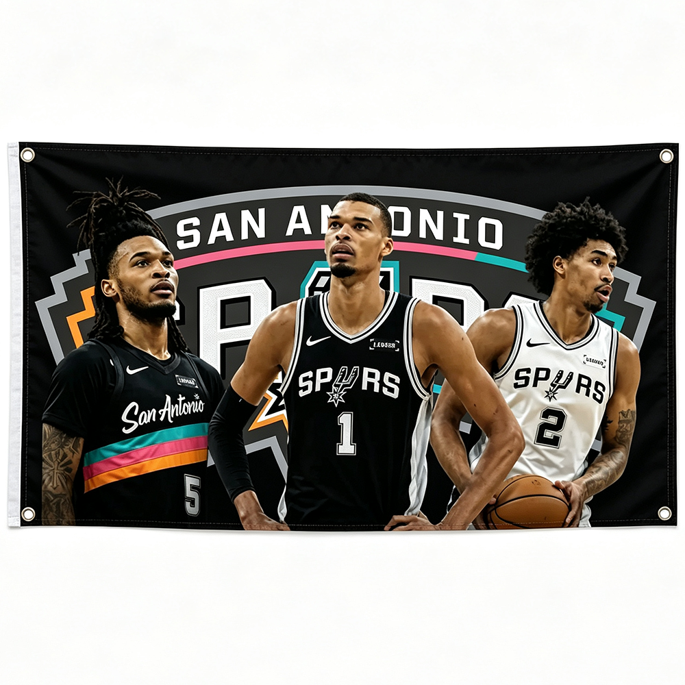 San Antonio Spurs Trio Flag, NBA Wemby Castle Harper Wall Tapestry Banner, -3x5 ft -100% polyester-2 Metal Grommets-One sided /Two sided