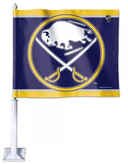 2 Pack NHL Buffalo Sabres Flag Car Window Flag of  Buffalo Sabres 11X18 Inch(28x46cm) 100% Polyester, Strong White Flagpole