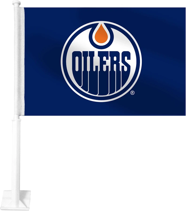 2 Pack NHL Edmonton Oilers Flag Car Window Flag of Edmonton Oilers 11X18 Inch(28x46cm) 100% Polyester, Strong White Flagpole