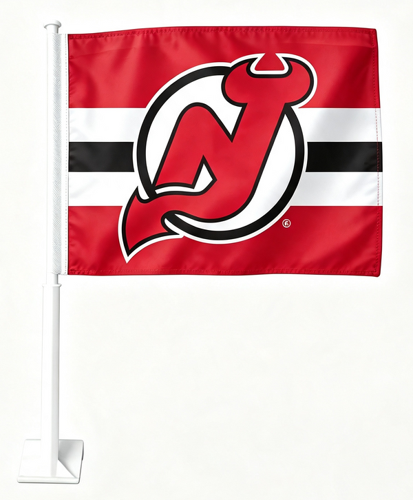 2 Pack NHL New Jersey Devils Flag Car Window Flags of  NJ Devils 11X18 Inch(28x46cm) 100% Polyester, Strong White Flagpole