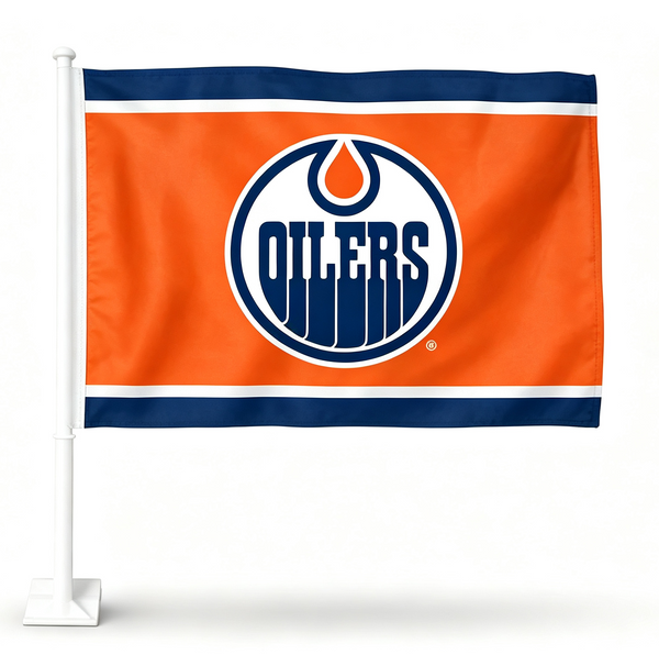 2 Pack NHL Edmonton Oilers Flag Car Window Flag of Edmonton Oilers 11X18 Inch(28x46cm) 100% Polyester, Strong White Flagpole
